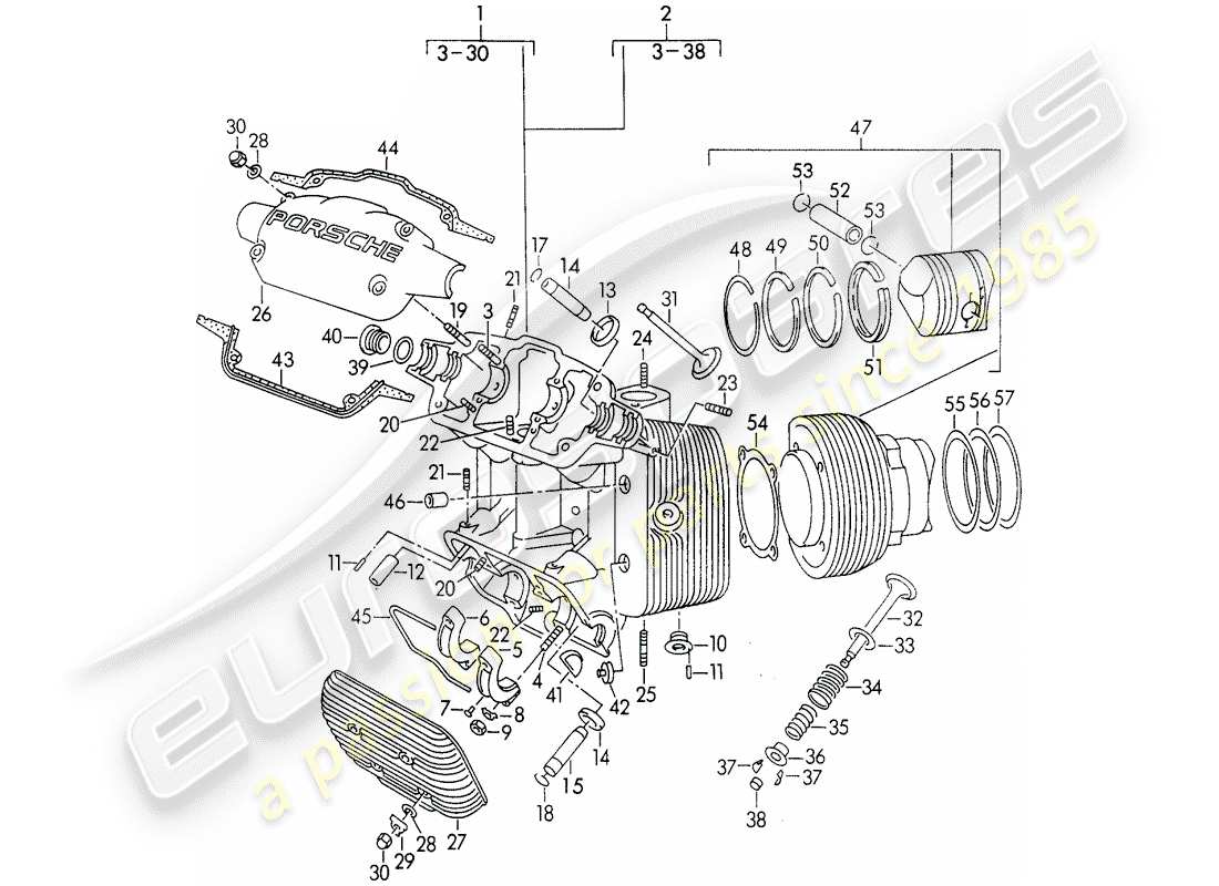 porsche 1957 (356/356a) culasse - cylindre à pistons schéma des pièces