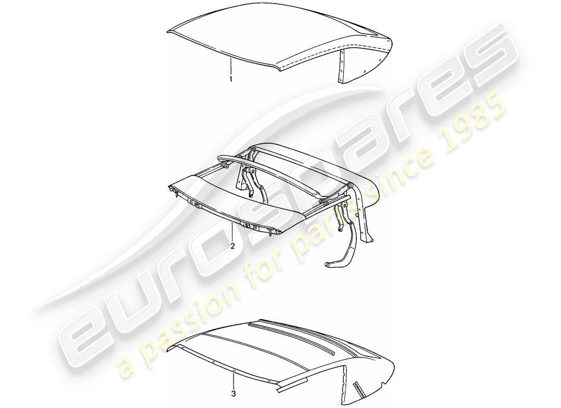 porsche 1998 (993) revêtement supérieur de convertible - cadre supérieur - garniture de toit schéma des pièces
