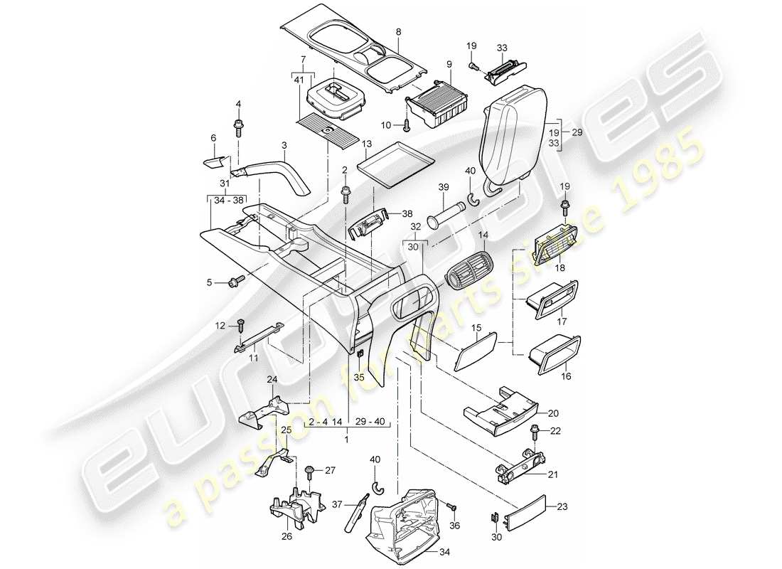 porsche 2010 (cayenne e1 9pa) console centrale schéma des pièces