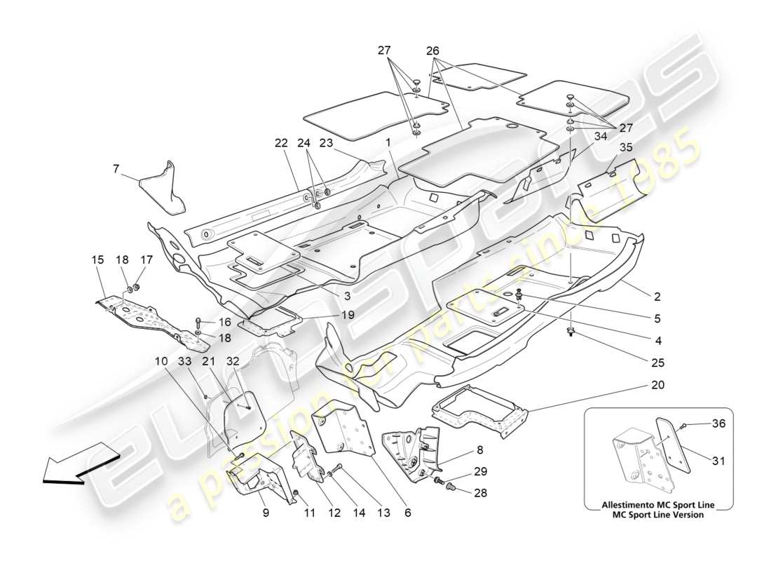 maserati granturismo s (2020) tapis pour habitacle passagers schéma des pièces