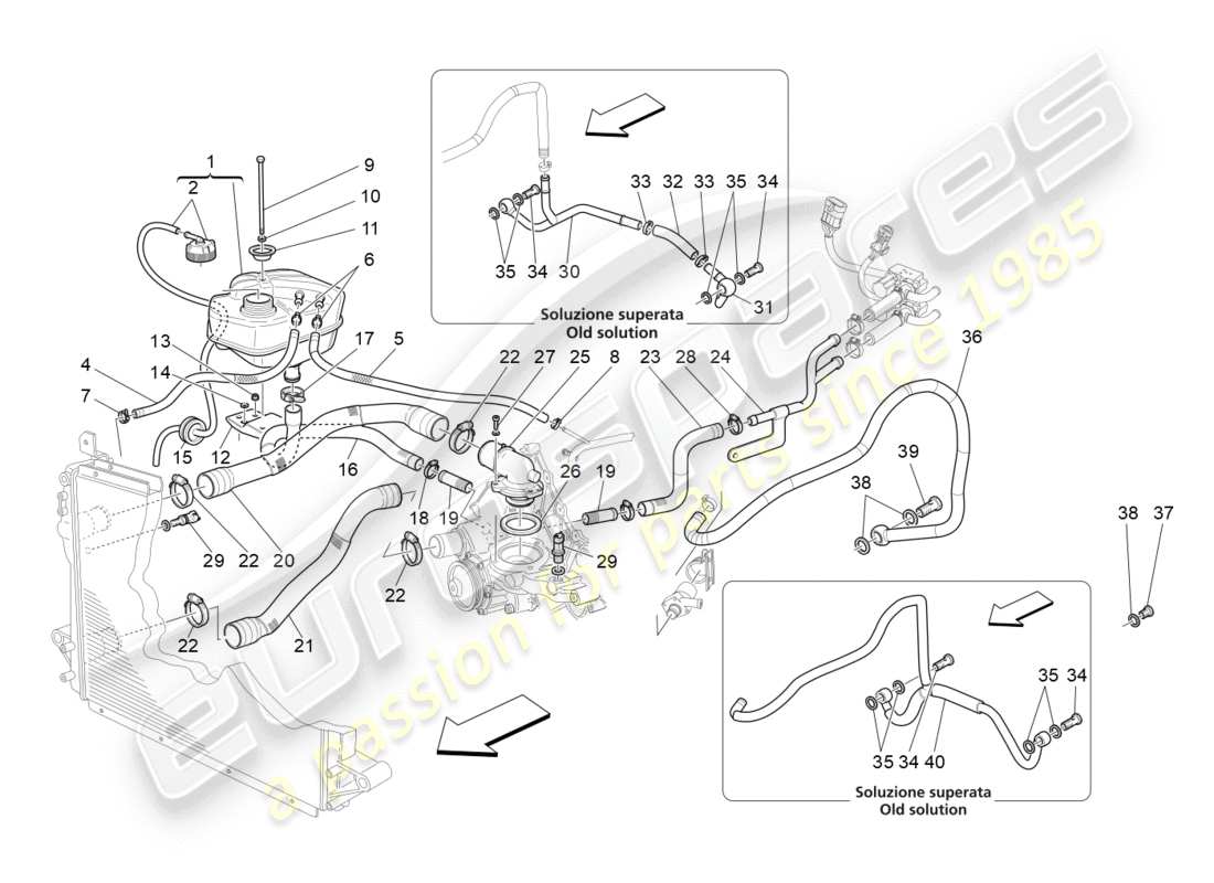 maserati granturismo s (2014) système de refroidissement : diagramme de pièces nourice et lignes