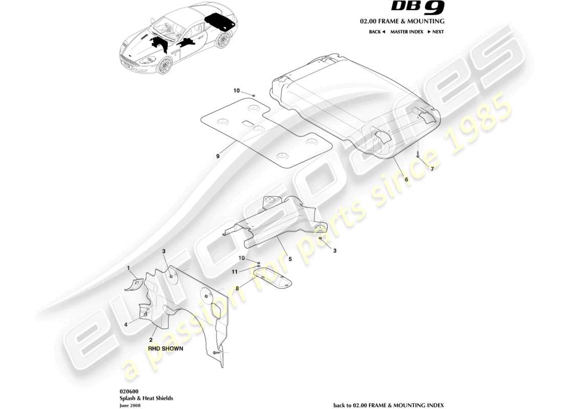 aston martin db9 (2008) schéma des pièces des boucliers anti-éclaboussures et thermiques