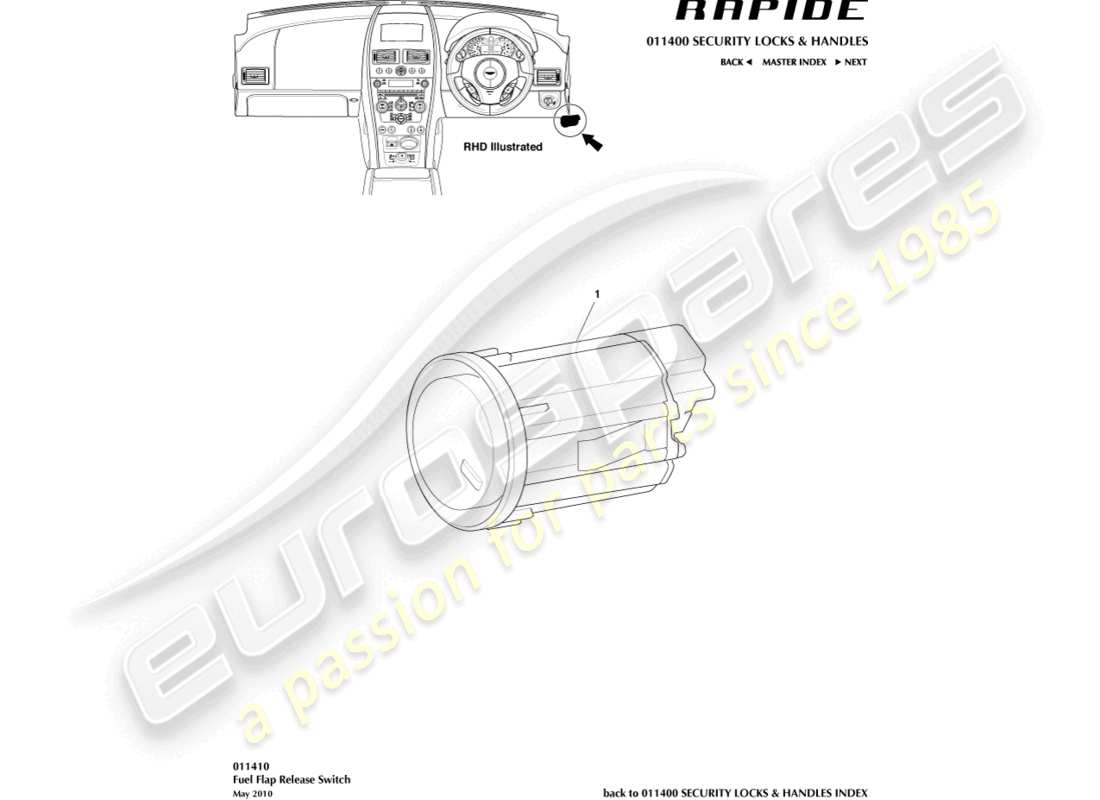 aston martin rapide (2011) schéma des pièces du commutateur de déverrouillage du remplissage de carburant