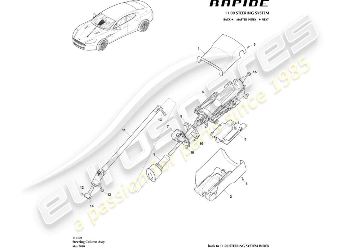 aston martin rapide (2011) schéma des pièces de l'assemblage de la colonne de direction