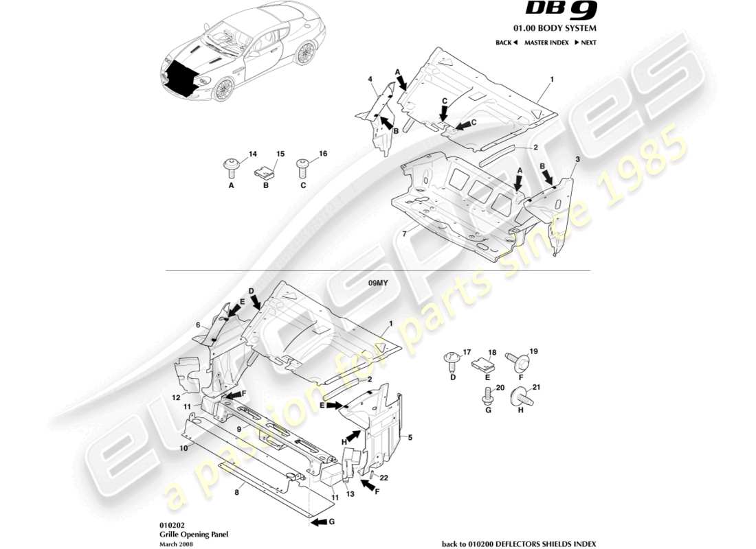 aston martin db9 (2008) diagramme des pièces du panneau d'ouverture de la grille