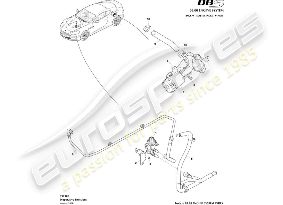 aston martin dbs (2010) diagramme des pièces relatives aux émissions par évaporation