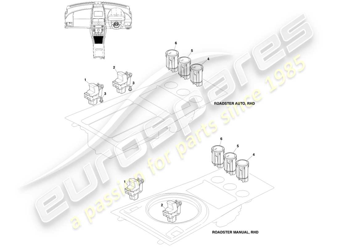 aston martin v8 vantage (2007) commutateurs de console, diagramme de pièce du roadster