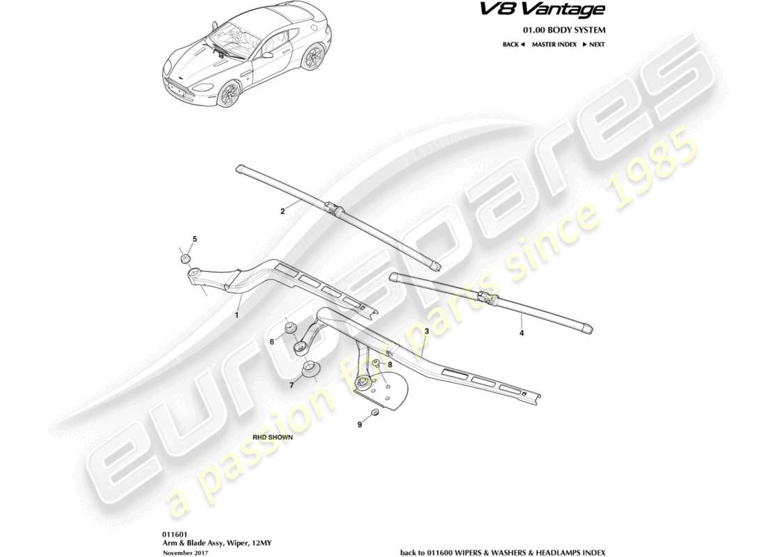 aston martin v8 vantage (2015) ensemble balai d'essuie-glace, 12my diagramme de pièces