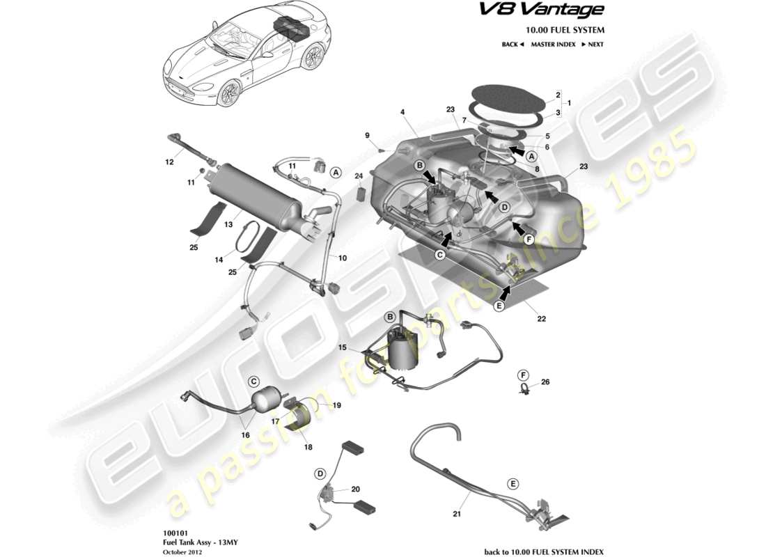 aston martin v8 vantage (2010) ensemble réservoir de carburant, 13my sur le diagramme de pièce