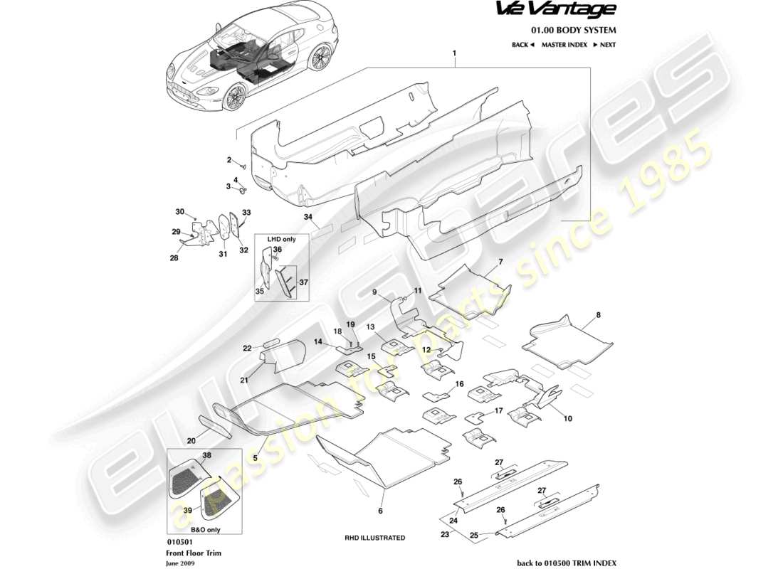 aston martin v12 vantage (2010) diagramme de pièce de garniture de plancher