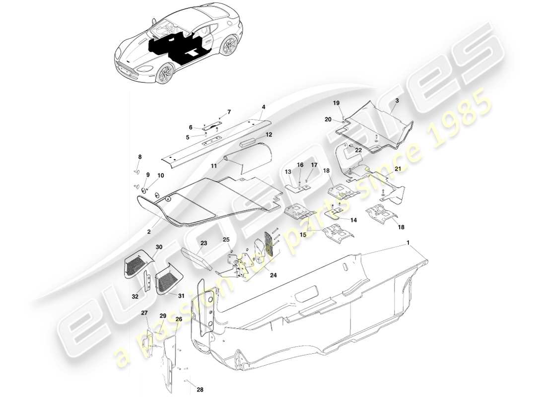 aston martin v8 vantage (2005) diagramme de pièce de garniture de plancher