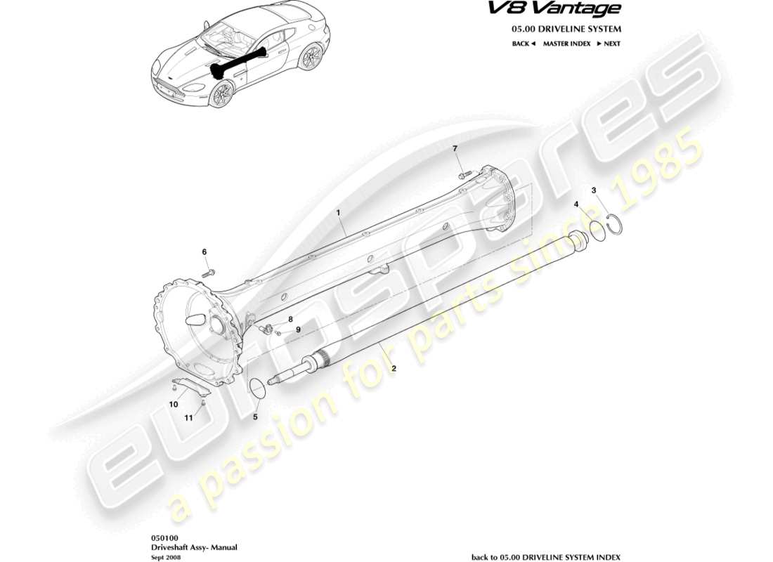 aston martin v8 vantage (2008) schéma des pièces de l'assemblage de l'arbre de transmission