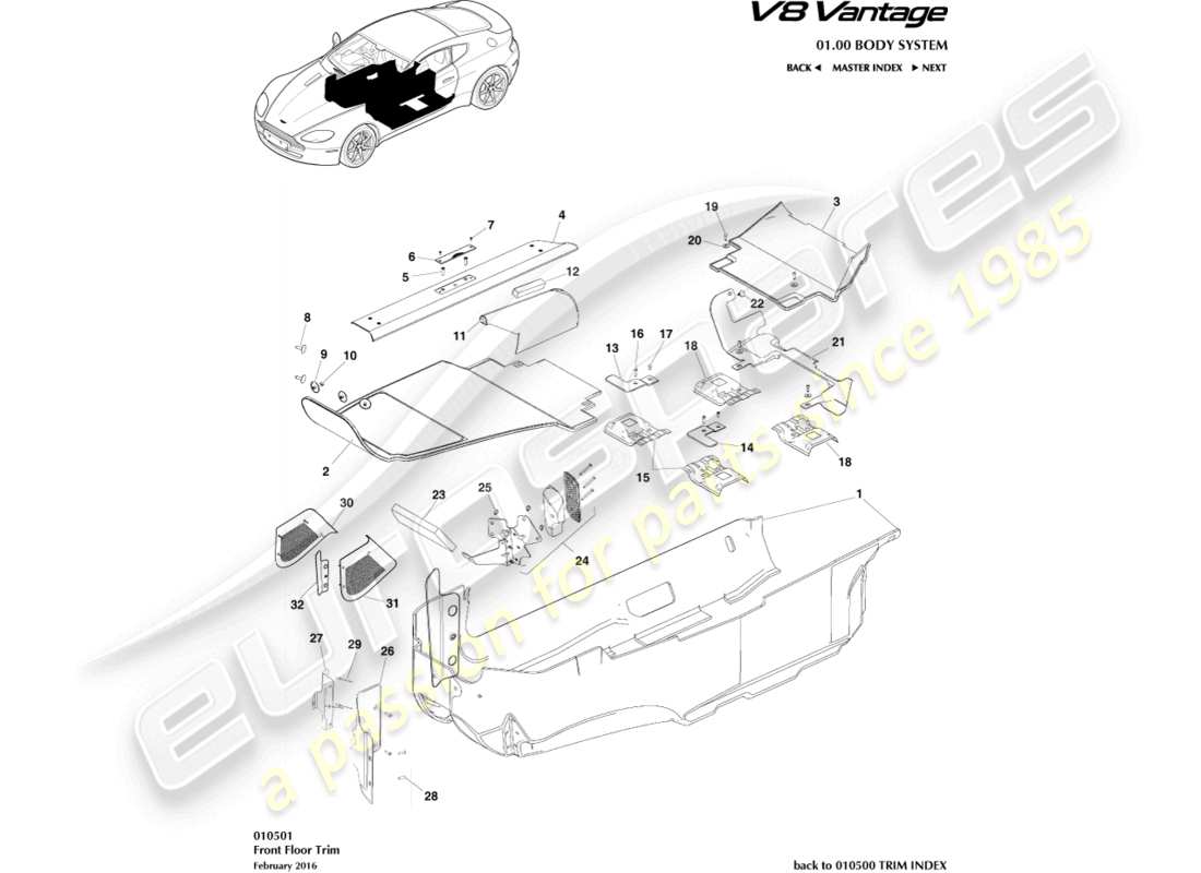 aston martin v8 vantage (2008) diagramme de pièce de garniture de plancher