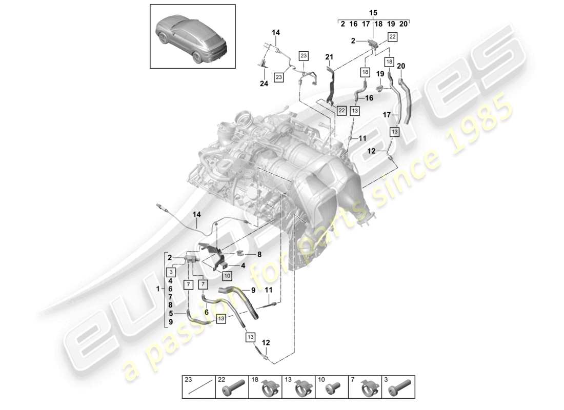 un schéma de pièces du catalogue de pièces porsche 2019 (cayenne e3 9ya/9yb)