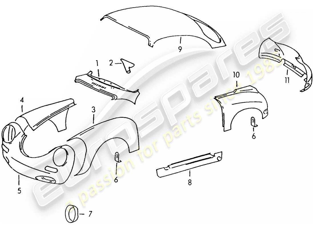 porsche 1952 (356/356a) panneaux exterieurs schéma des pièces