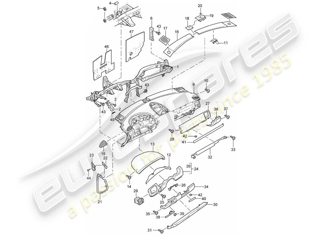 porsche 2008 (cayenne e1 9pa) garniture de panneau de tableau de bord schéma des pièces