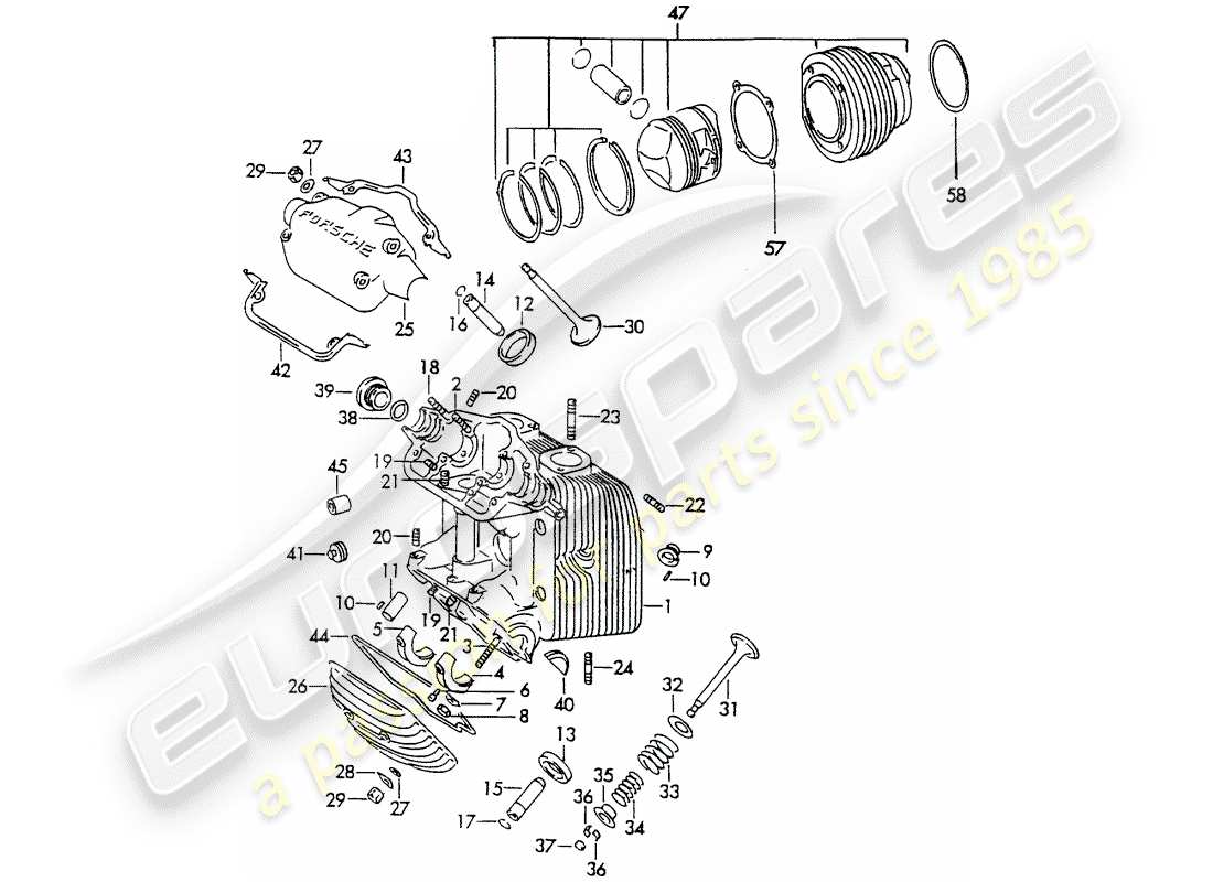 porsche 1964 (356b/356c) culasse - cylindre à pistons schéma des pièces