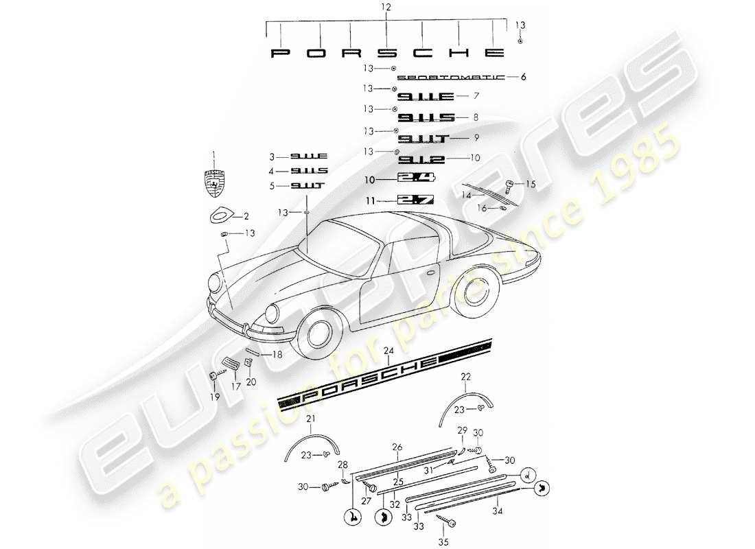 porsche 1971 (911) équipements décoratifs schéma des pièces