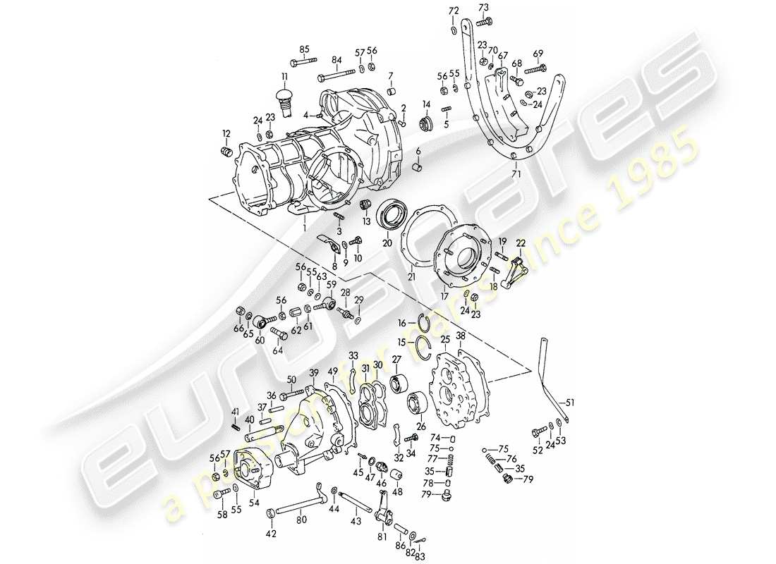 porsche 1961 (356b/356c) carter de transmission - avec : - suspension de transmission schéma des pièces