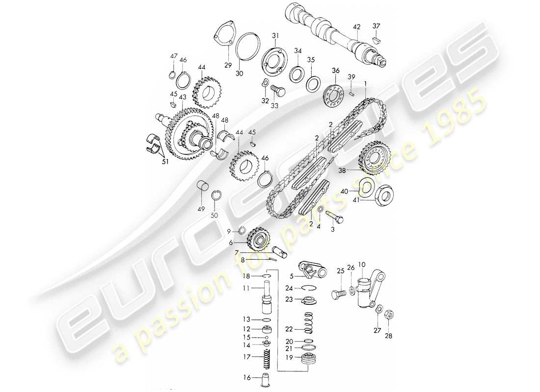 porsche 1971 (911) commande de valve - kit de réparation pour entretien - tendeur - chaîne - voir illustration : vue schématique