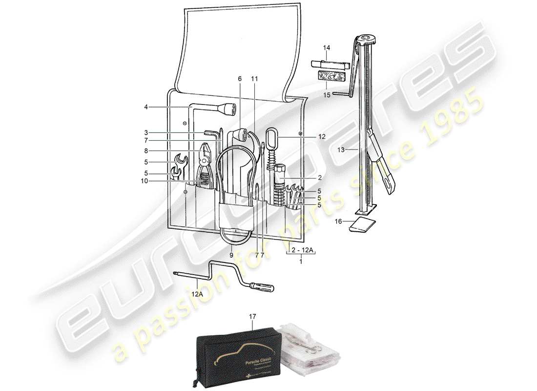 porsche 1989 (911) outil - jack - trousse de premiers secours schéma des pièces