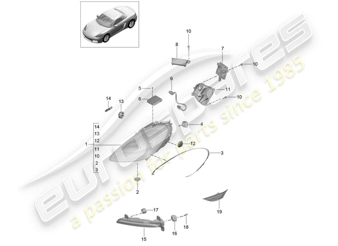 porsche 2020 (718 boxster) lampe frontale schéma des pièces
