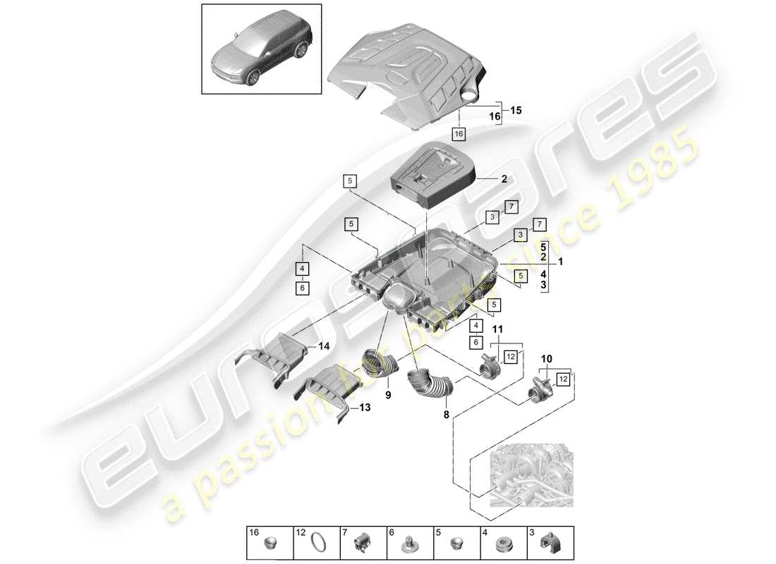 porsche 2020 (cayenne e3 9ya/9yb) filtre à air avec raccordement schéma des pièces