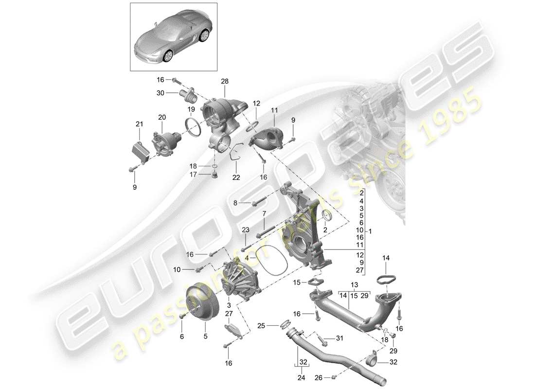 porsche 2016 (981 boxster spyder) pompe à eau schéma des pièces