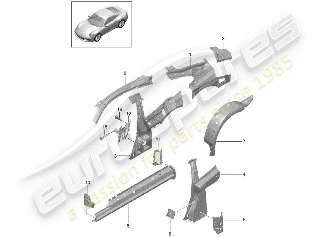 porsche 2012 (991-1) panneau latéral schéma des pièces