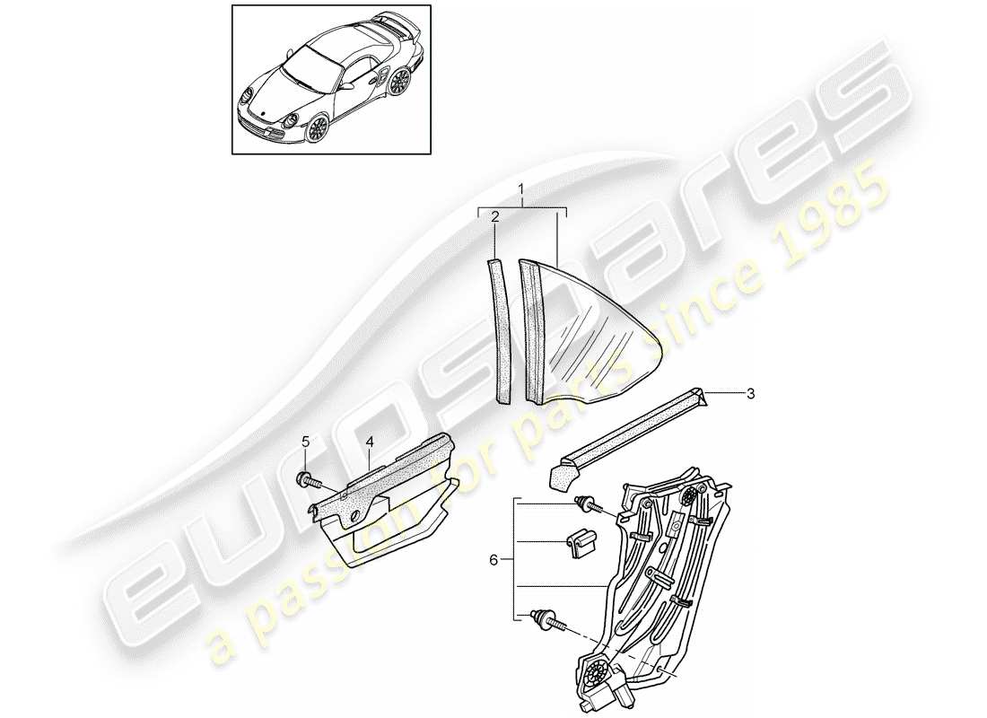 porsche 2011 (997-2 turbo / gt2 rs) fenêtre latérale diagramme des pièces