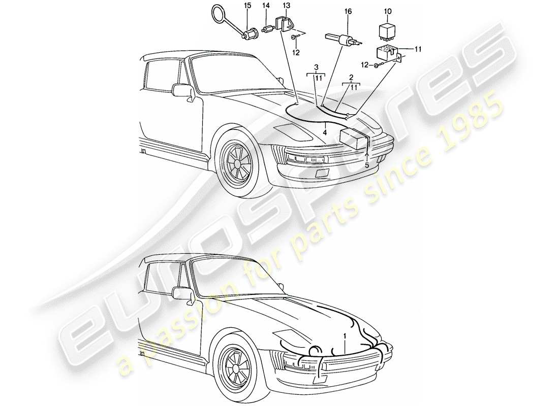 porsche 1988 (911) modèle spécial - conception à nose plate - faisceau de câblage - relais schéma des pièces