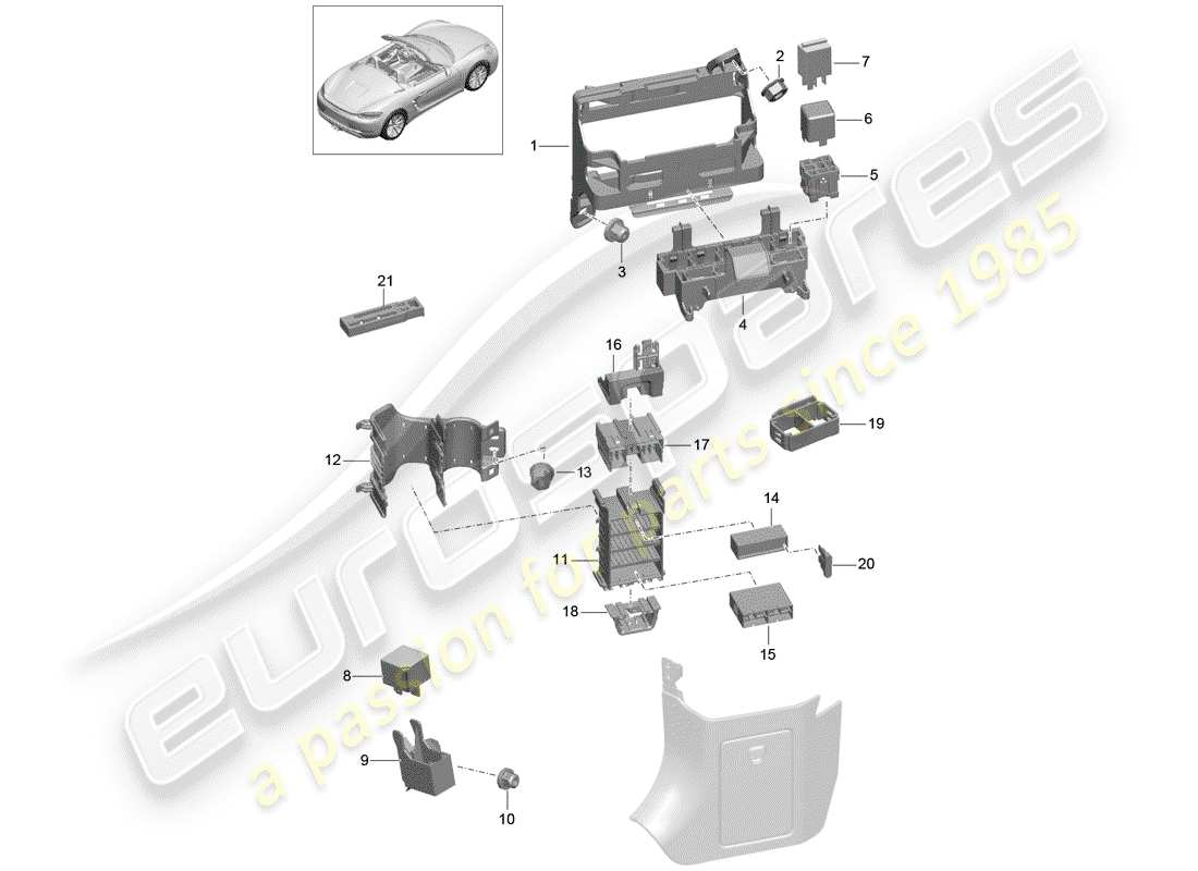 porsche 2020 (718 boxster) boîte à fusibles/plaque de relais schéma des pièces