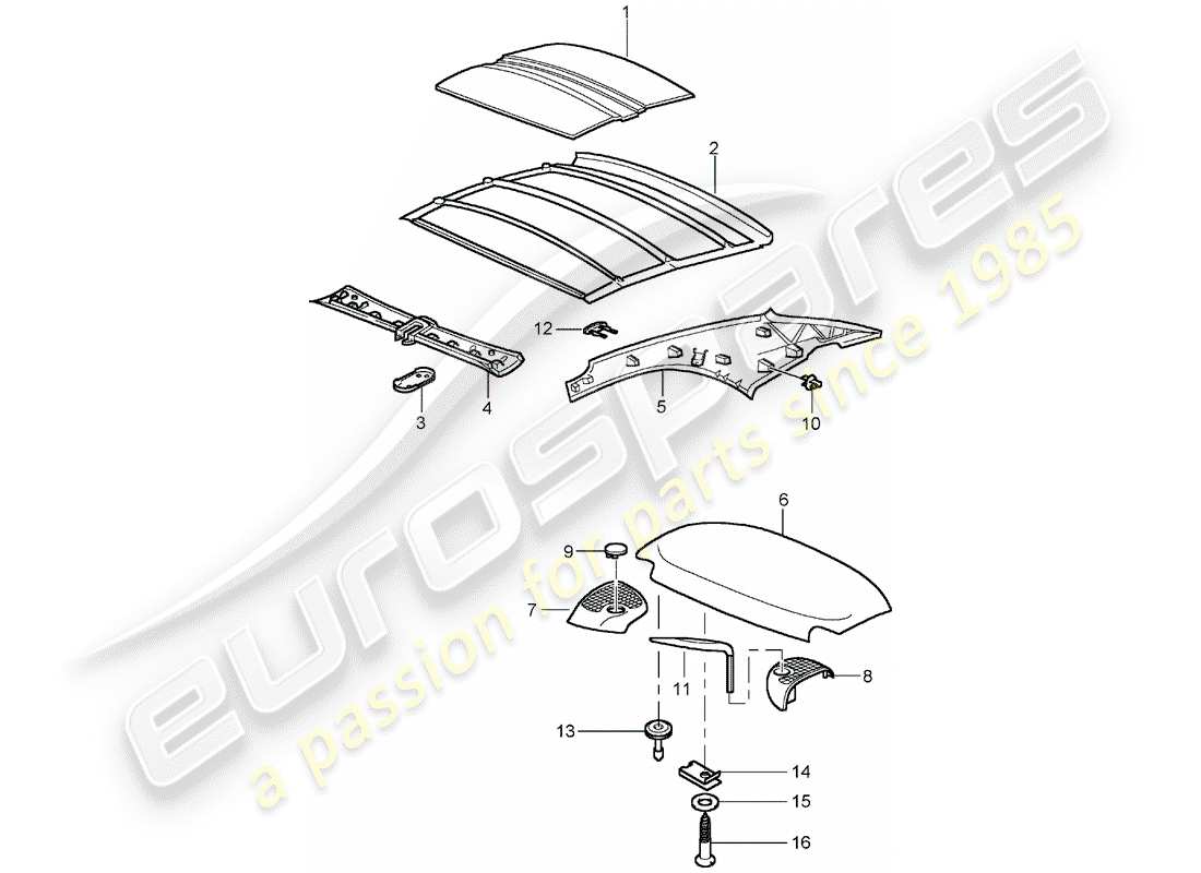 porsche 2002 (996 turbo / gt2) hardtop - absorpteur de bruit schéma des pièces