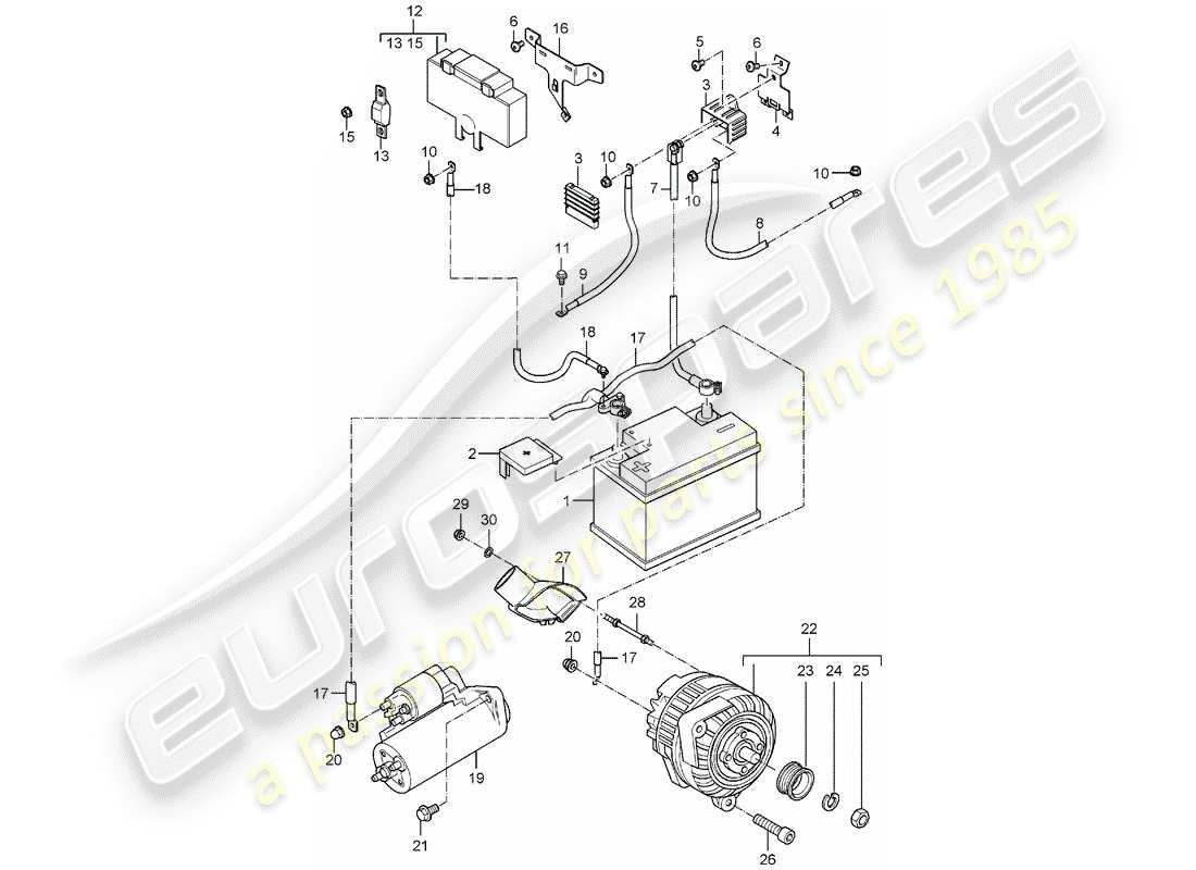 porsche 2006 (carrera gt) batterie - distributeur de terre - boite de jonction - démarreur - alternateur schéma des pièces