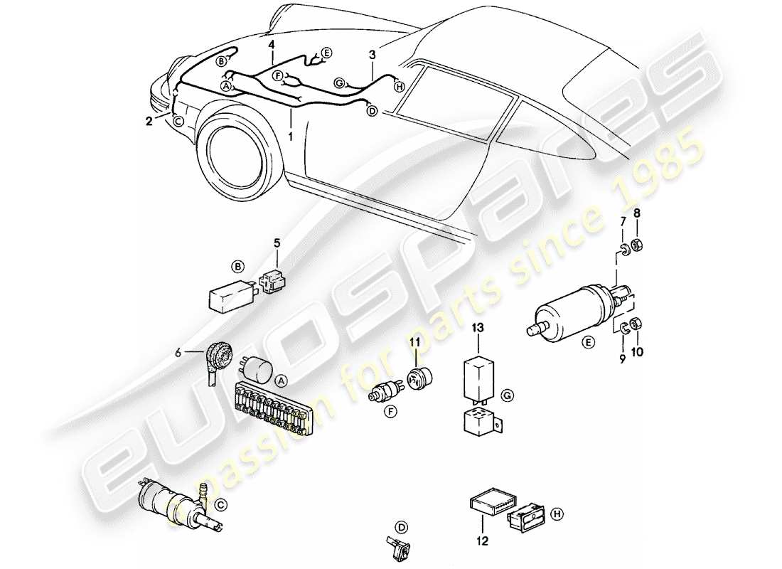 porsche 1978 (911) faisceau de cablage - système de rondelle phare - témoin d'avertissement - pompe à carburant schéma des pièces
