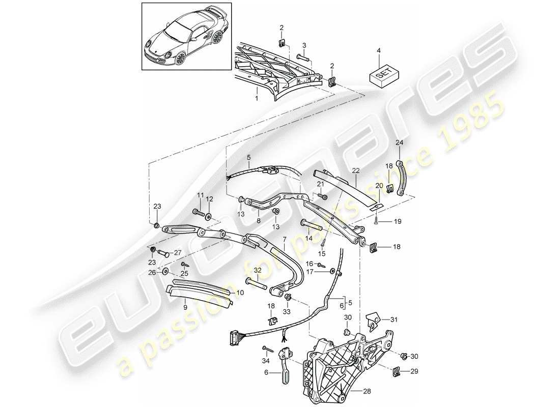 porsche 2011 (997-2 turbo / gt2 rs) diagramme des pièces du cadre supérieur