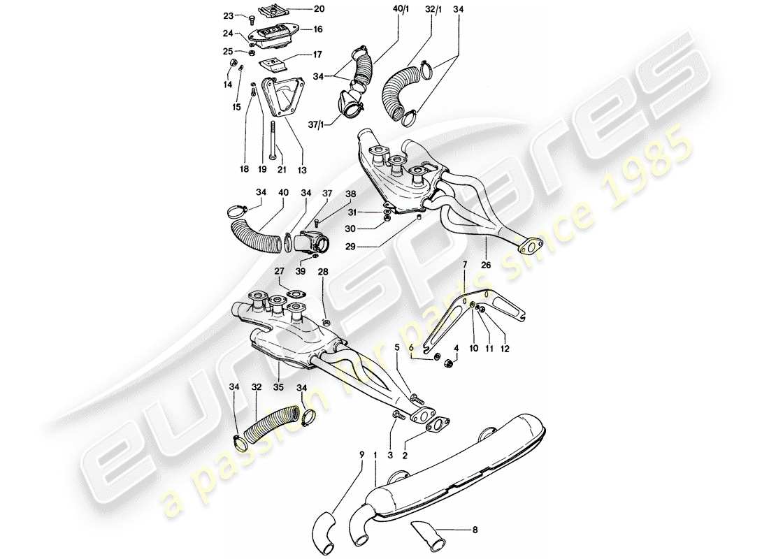 porsche 1972 (914) système d'échappement - alimentation en air de chauffage - suspension moteur schéma des pièces