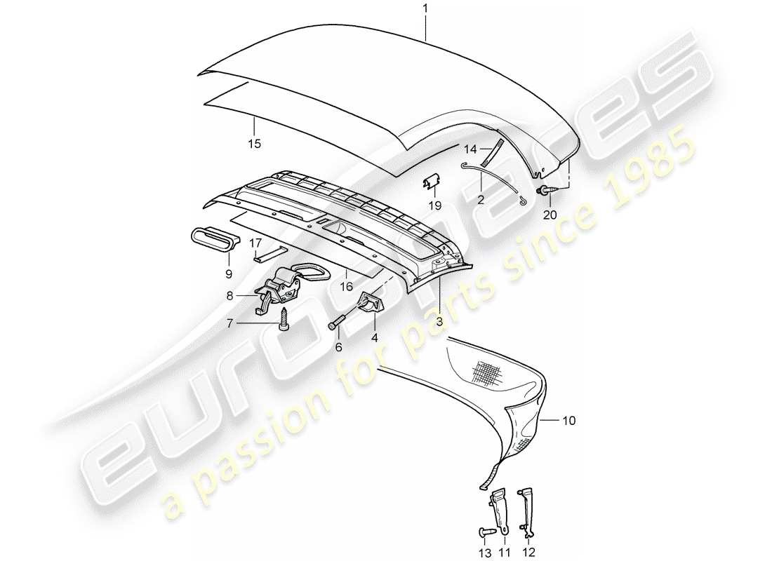 porsche 1997 (986 boxster) habillage de capot cabriolet - headliner schéma des pièces