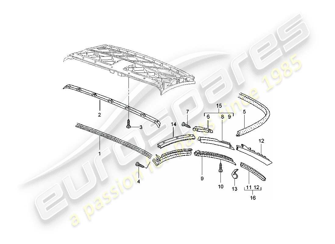 porsche 2002 (996 turbo / gt2) dessus convertible - bande d'étanchéité diagramme des pièces