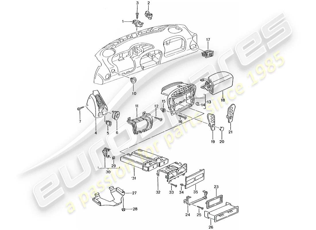 porsche 2002 (996 turbo / gt2) accessoires - garniture de tableau de bord schéma des pièces