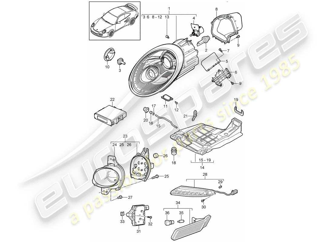 porsche 2011 (997-2 turbo / gt2 rs) schéma des pièces des phares