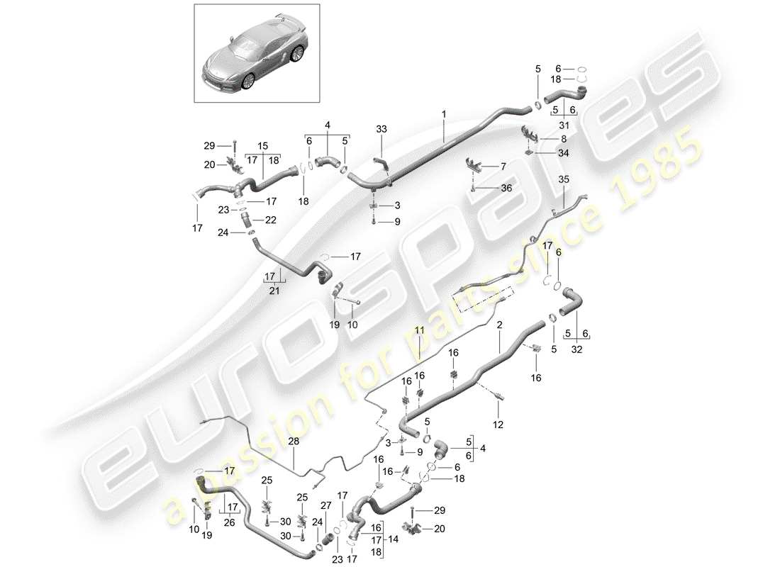 porsche 2016 (981 cayman gt4) refroidissement par eau 1 schéma des pièces