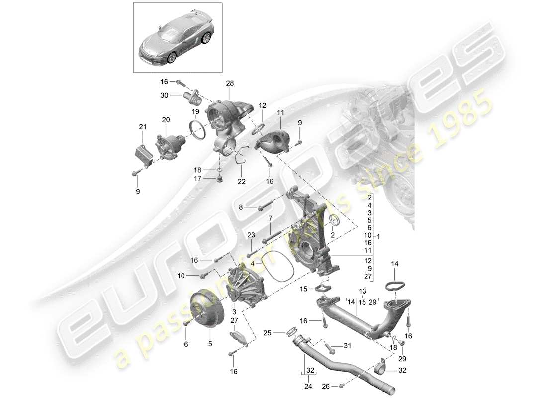 porsche 2016 (981 cayman gt4) pompe à eau schéma des pièces