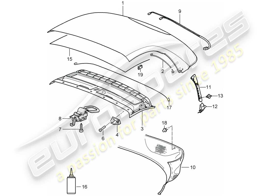 porsche 2005 (987 boxster) couvercle supérieur convertible schéma des pièces