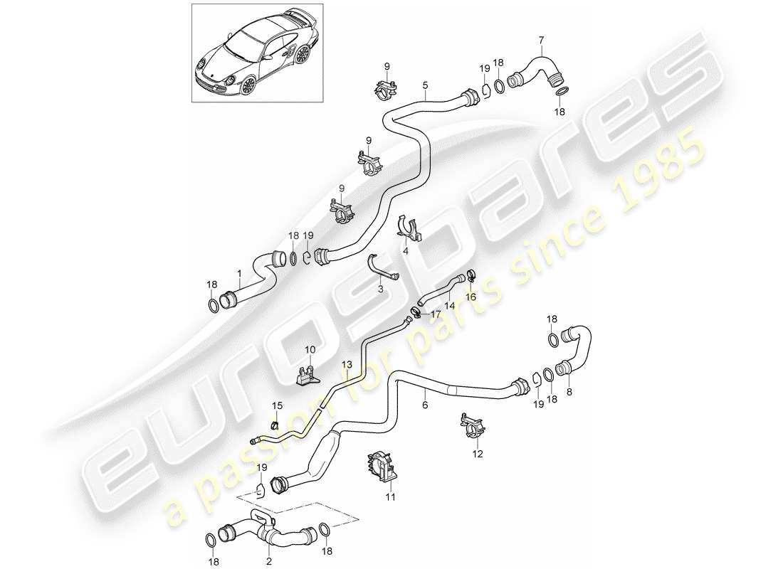 porsche 2011 (997-2 turbo / gt2 rs) refroidissement par eau 1 schéma des pièces