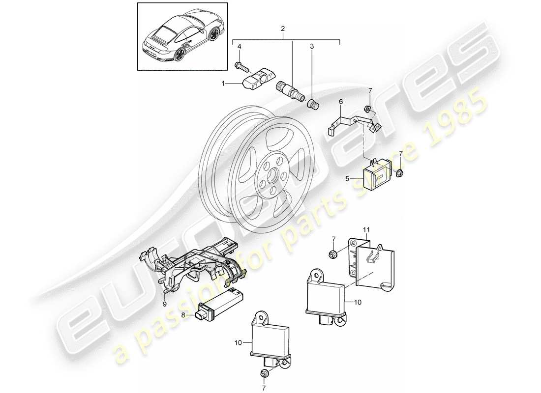 porsche 2011 (997-2 turbo / gt2 rs) système de contrôle de pression des pneus schéma des pièces