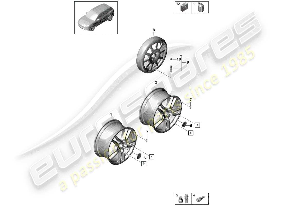porsche 2019 (cayenne e3 9ya/9yb) jante en alliage schéma des pièces