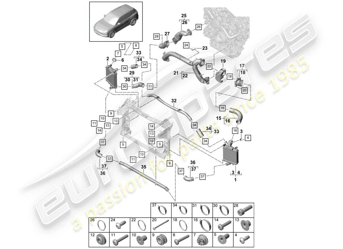 porsche 2020 (cayenne e3 9ya/9yb) refroidisseur d'air de charge schéma des pièces