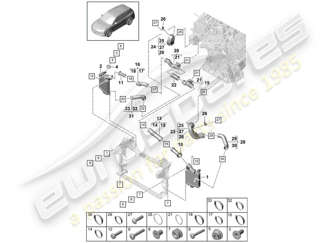porsche 2020 (cayenne e3 9ya/9yb) refroidisseur d'air de charge schéma des pièces
