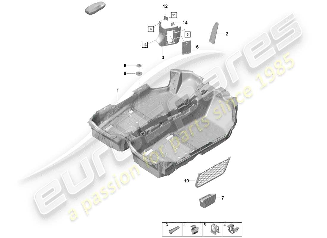 porsche 2019 (718 boxster spyder) revêtement de sol schéma des pièces
